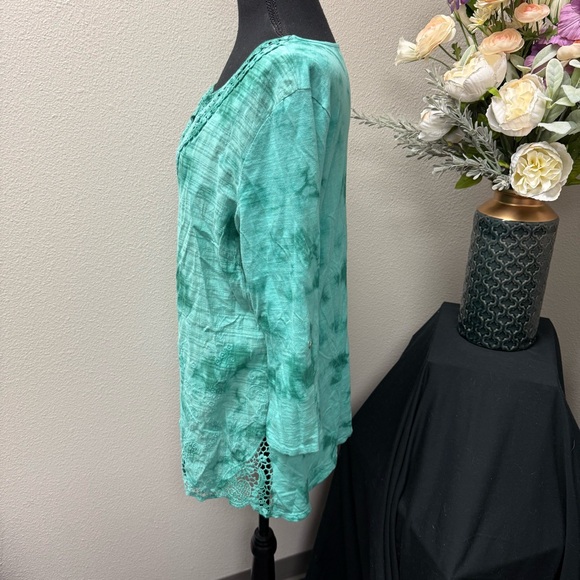 Reba Teal Tie-Dye Crochet Tunic Top L Boho Lace Trim Festival Beachy Spring - Picture 3 of 9
